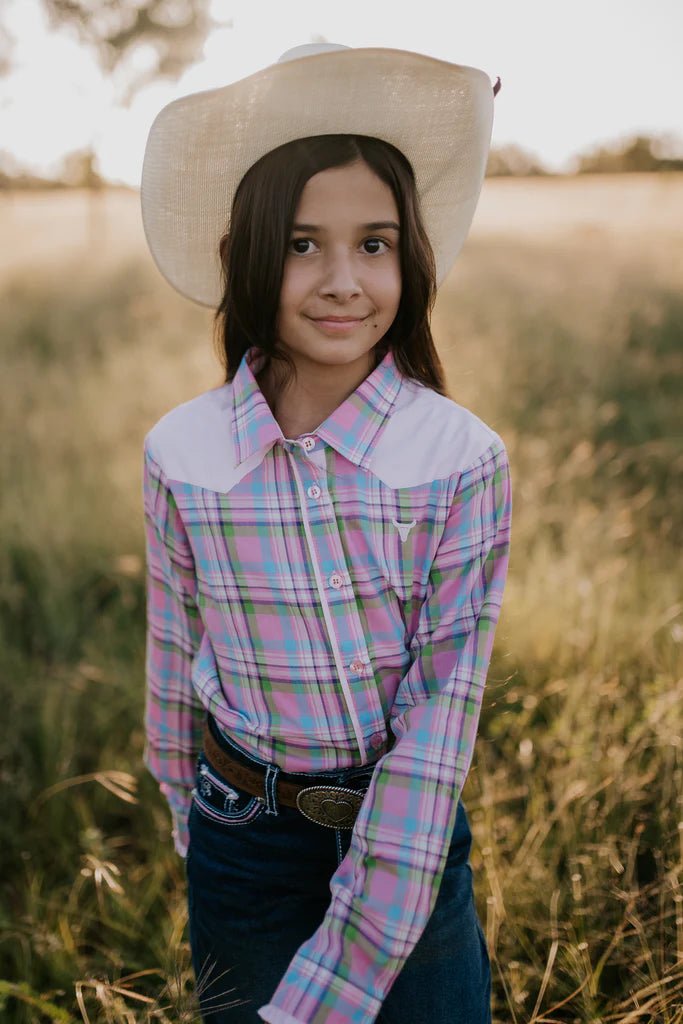 Little Windmill Clothing Co. "Willow" Pink Checked Yoke Western Long Sleeve Shirt