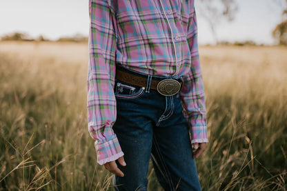 Little Windmill Clothing Co. "Willow" Pink Checked Yoke Western Long Sleeve Shirt