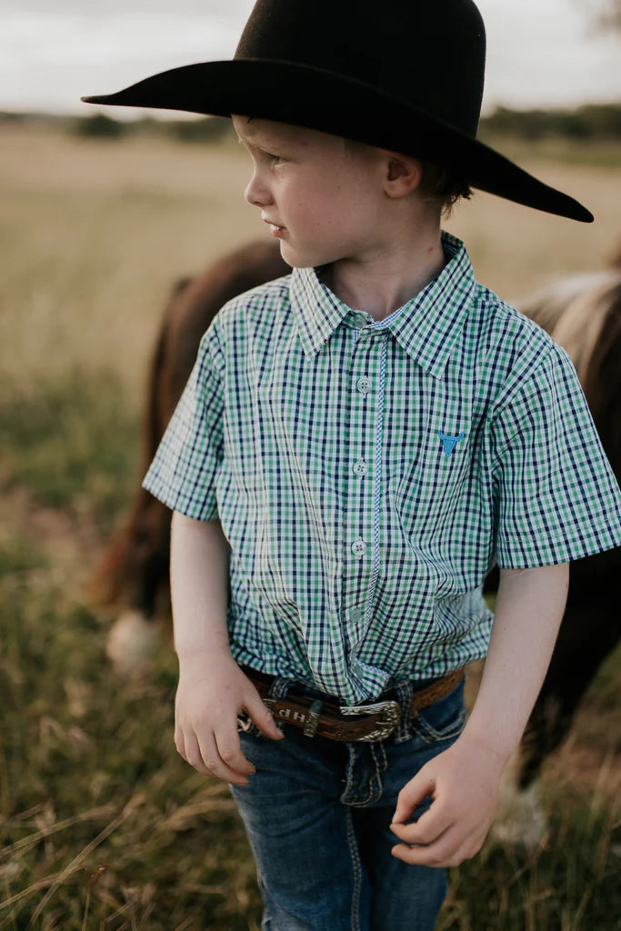 Little Windmill Clothing Co. "Colton"  Fresh Green & Blue Gingham Short Sleeve Shirt