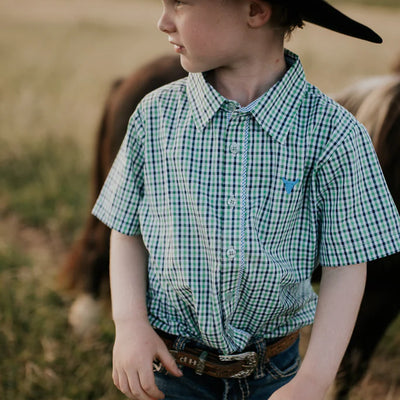 Little Windmill Clothing Co. "Colton"  Fresh Green & Blue Gingham Short Sleeve Shirt