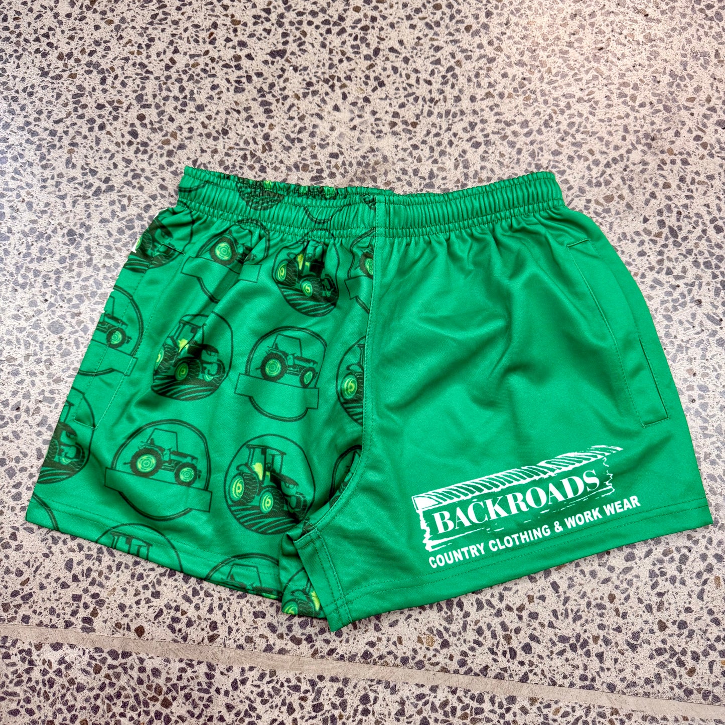 Backroads Kids Footy Shorts Green Tractor