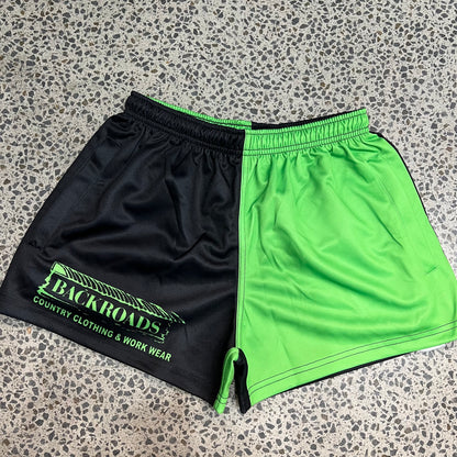 Backroads Footy Shorts - Black and Lime Green