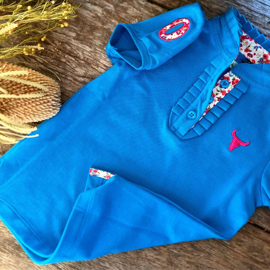 Little Windmill Clothing co. Girls "Ava" Ruffle Bubble Blue Contrast Polo