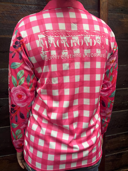 Backroads Fishing Shirt - Ladies Pink Floral Gingham