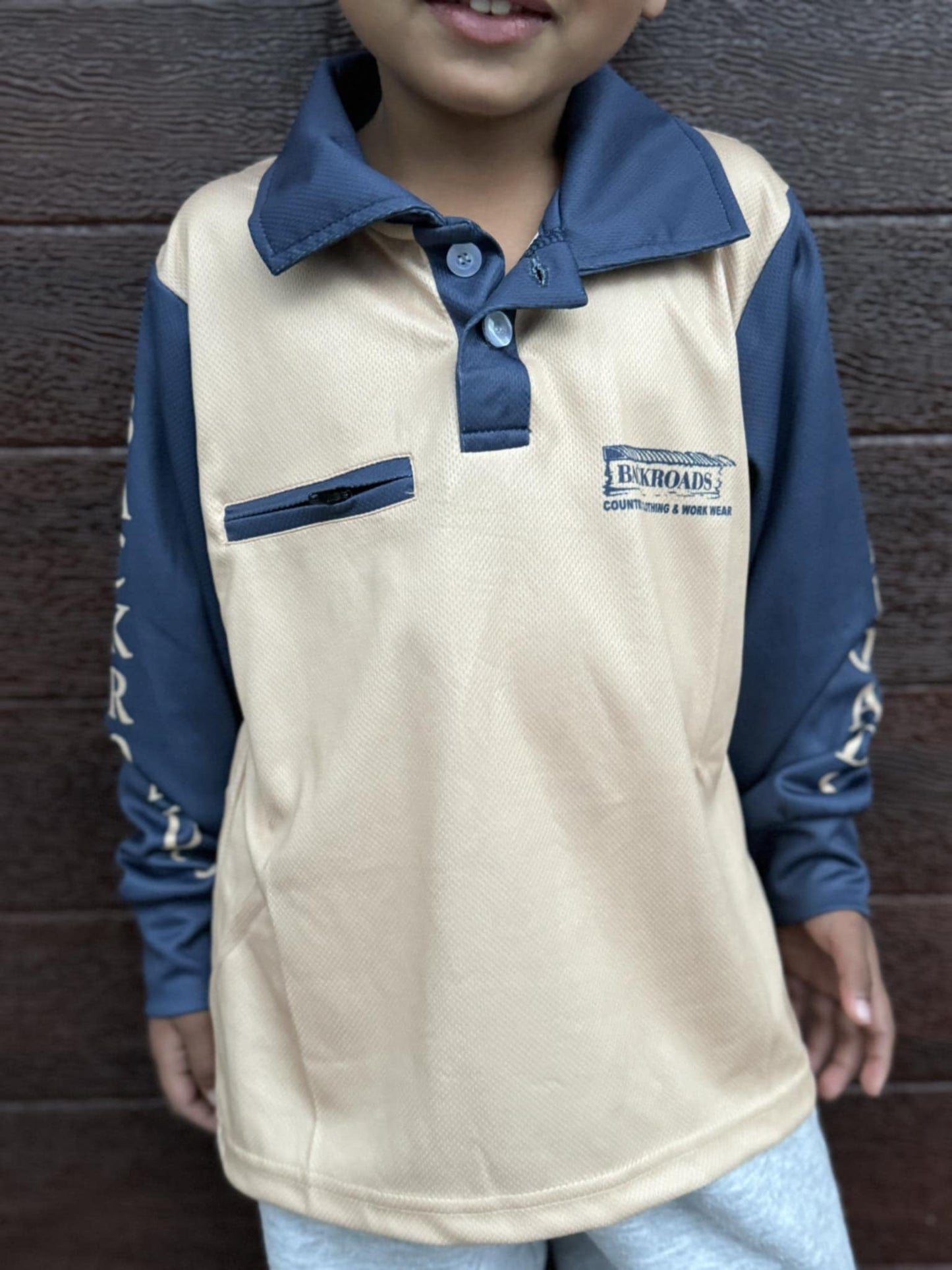 Backroads Fishing Shirt - Kids Tan and Navy