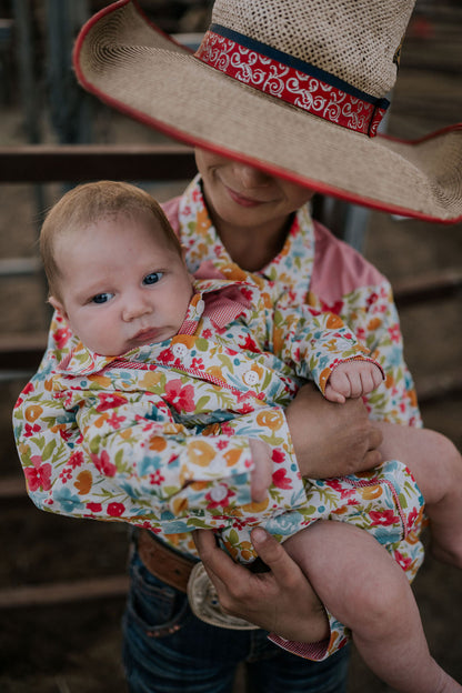 Little Windmill Clothing Co. "Kelly Baby" Retro Floral Western Yoke Collar Long Sleeve Romper