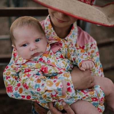 Little Windmill Clothing Co. "Kelly Baby" Retro Floral Western Yoke Collar Long Sleeve Romper