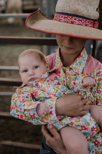 Little Windmill Clothing Co. "Kelly Baby" Retro Floral Western Yoke Collar Long Sleeve Romper