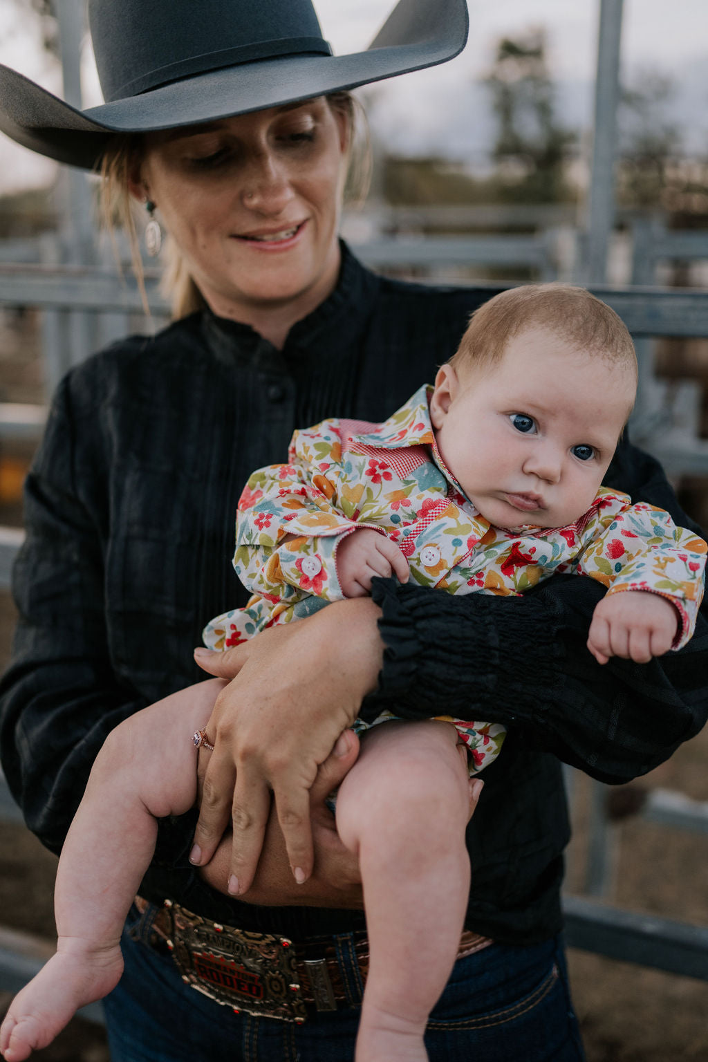 Little Windmill Clothing Co. "Kelly Baby" Retro Floral Western Yoke Collar Long Sleeve Romper