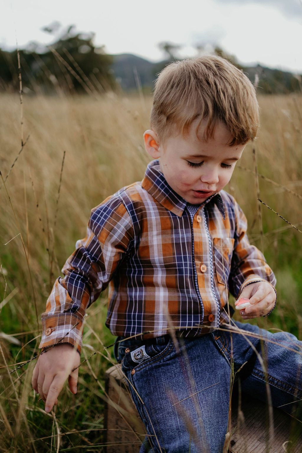 Little Windmill Clothing Co. "TJ Baby" Brown Checked Long Sleeve Romper