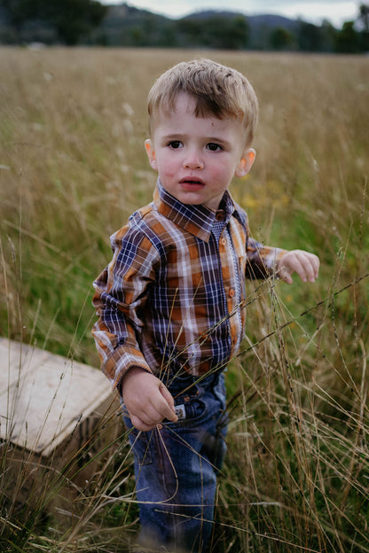 Little Windmill Clothing Co. "TJ Baby" Brown Checked Long Sleeve Romper