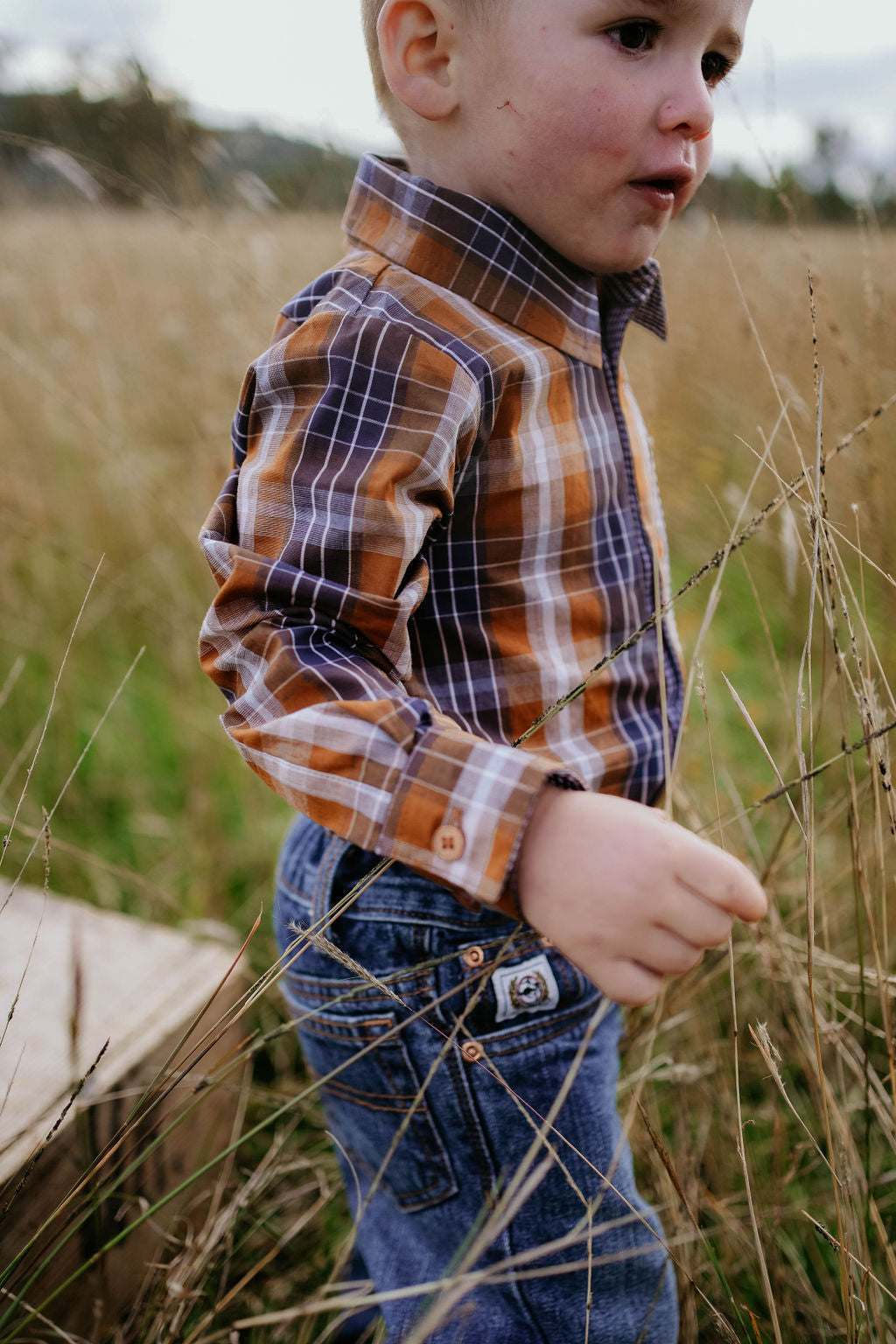 Little Windmill Clothing Co. "TJ Baby" Brown Checked Long Sleeve Romper