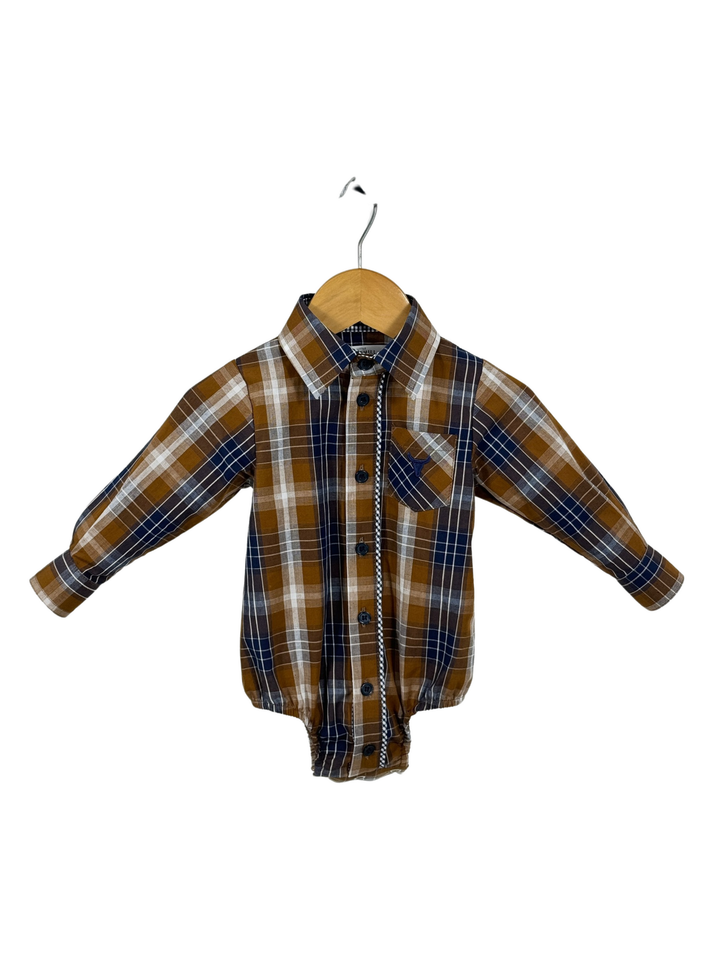 Little Windmill Clothing Co. "TJ Baby" Brown Checked Long Sleeve Romper