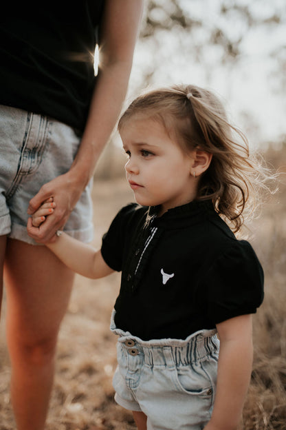 Little Windmill Clothing co. "stormy" Black and White Gingham Ruffle Contrast Polo