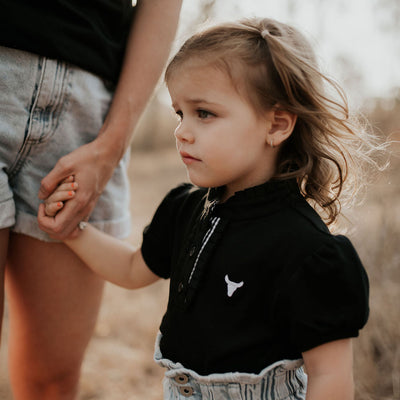 Little Windmill Clothing co. "stormy" Black and White Gingham Ruffle Contrast Polo