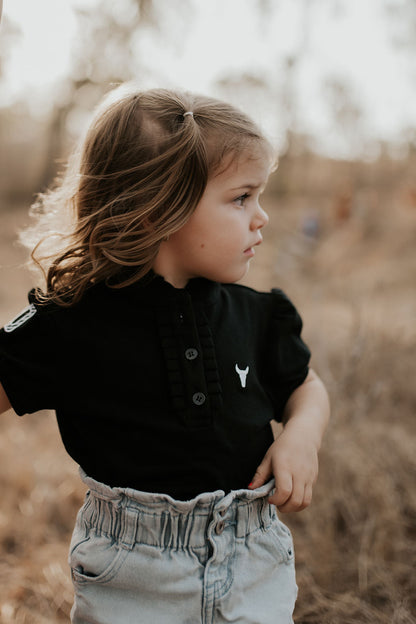 Little Windmill Clothing co. "stormy" Black and White Gingham Ruffle Contrast Polo