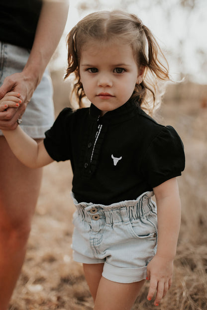 Little Windmill Clothing co. "stormy" Black and White Gingham Ruffle Contrast Polo