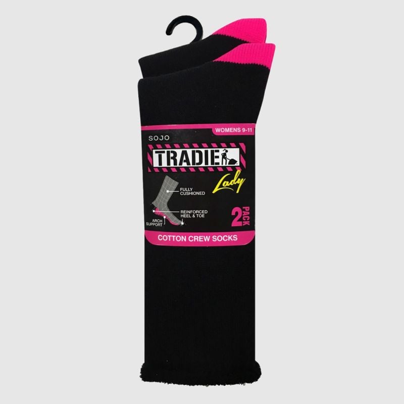 Tradie Lady Black and Pink Cotton Crew Socks 2 Pack