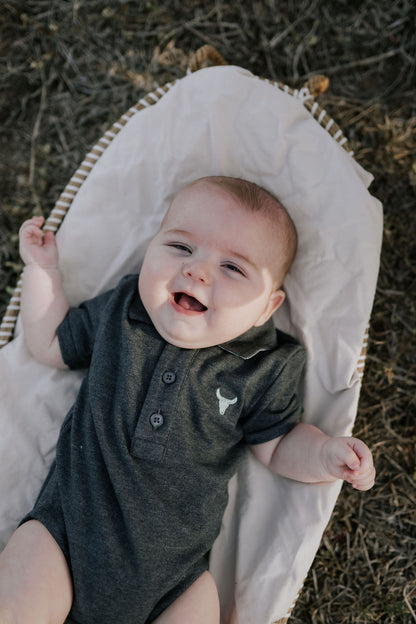 Little Windmill Clothing Co. "Benny Baby" Grey Baby Polo Romper