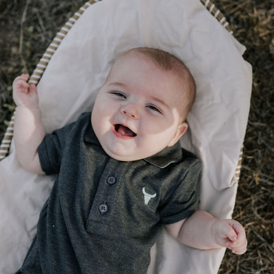 Little Windmill Clothing Co. "Benny Baby" Grey Baby Polo Romper