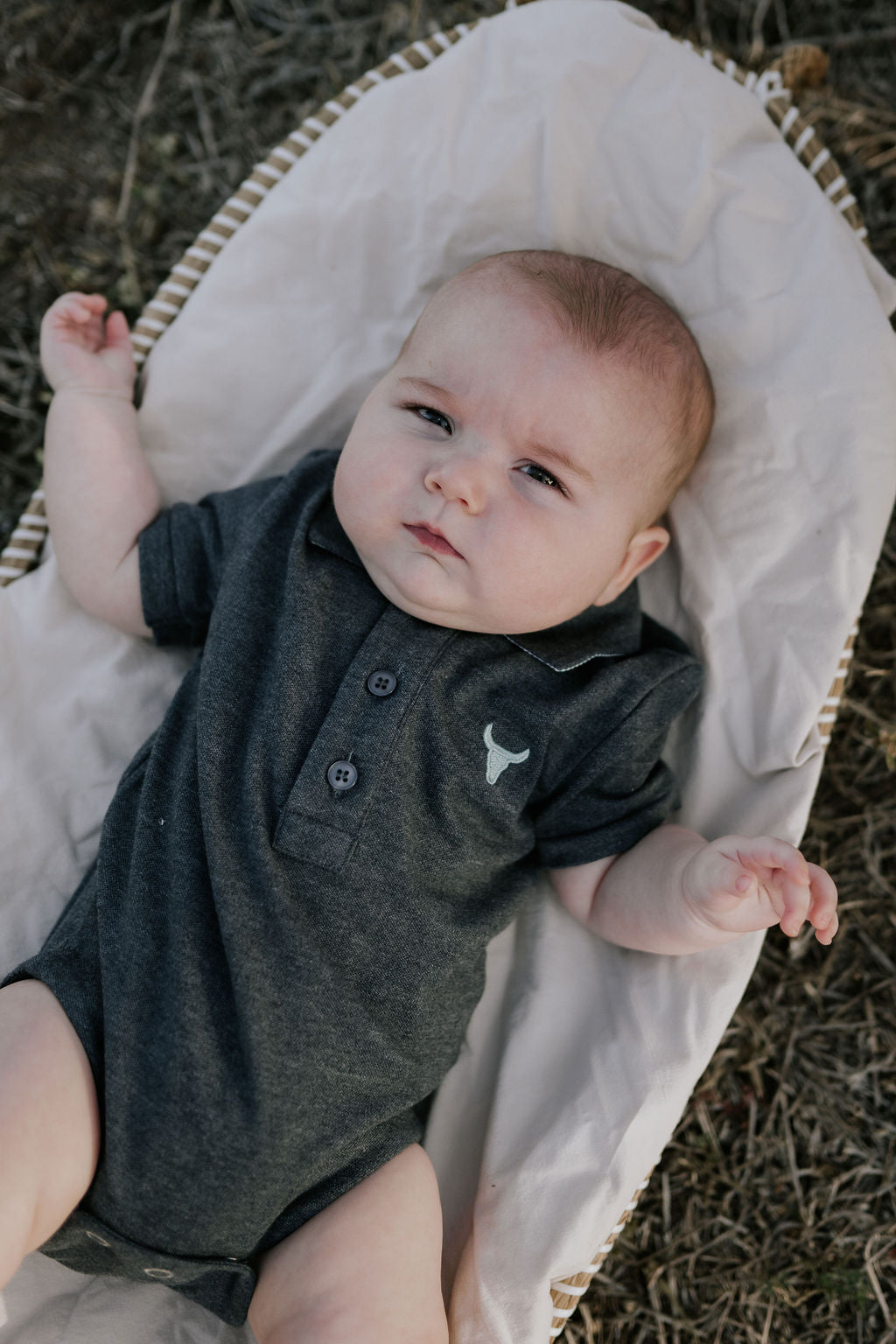 Little Windmill Clothing Co. "Benny Baby" Grey Baby Polo Romper