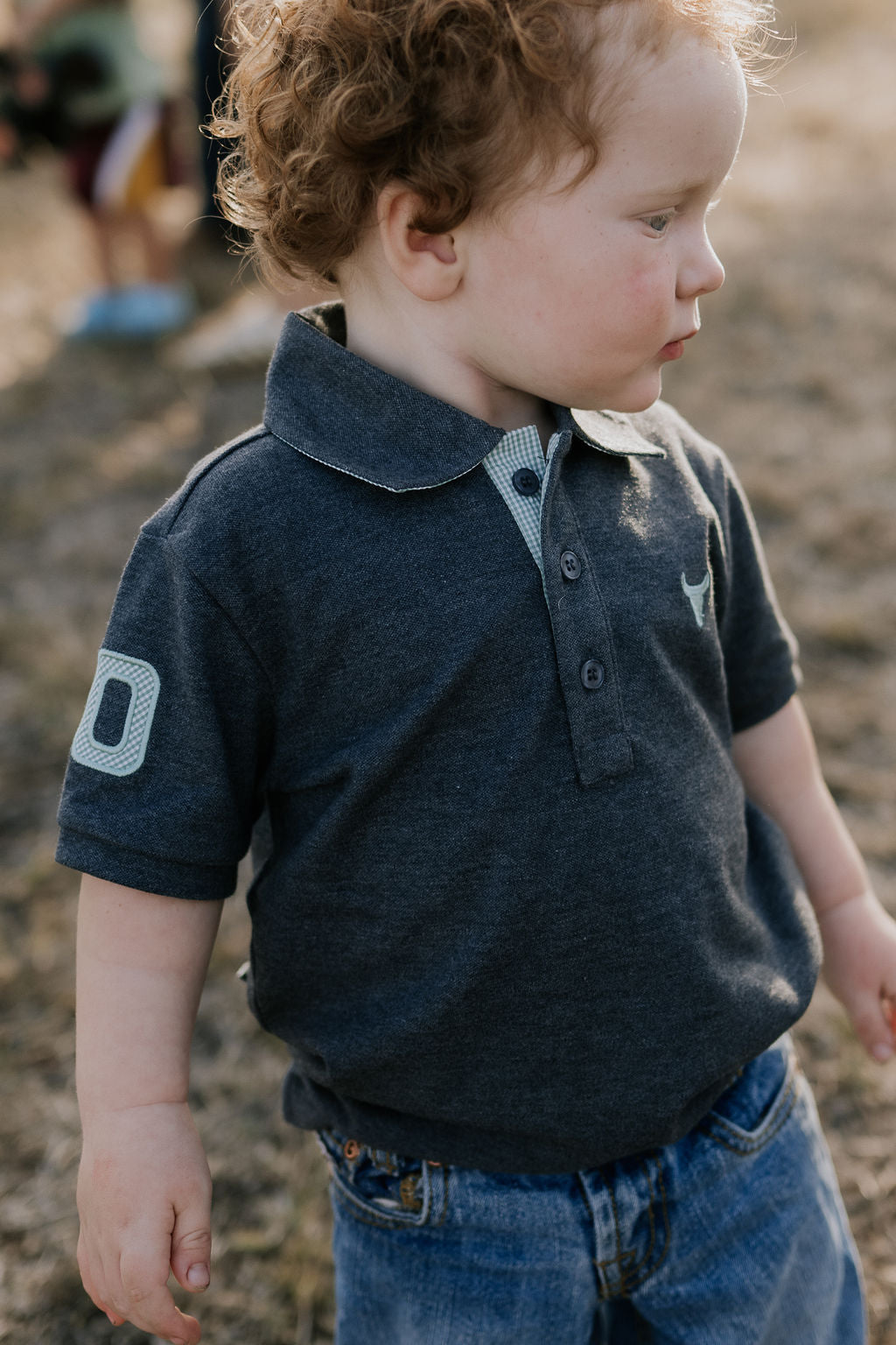 Little Windmill Clothing Co. "Benny Baby" Grey Baby Polo Romper