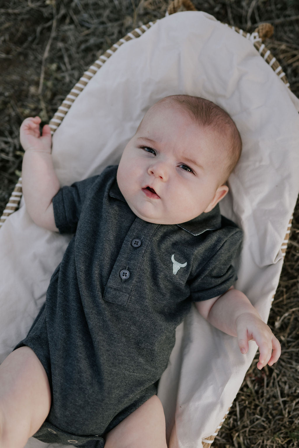 Little Windmill Clothing Co. "Benny Baby" Grey Baby Polo Romper