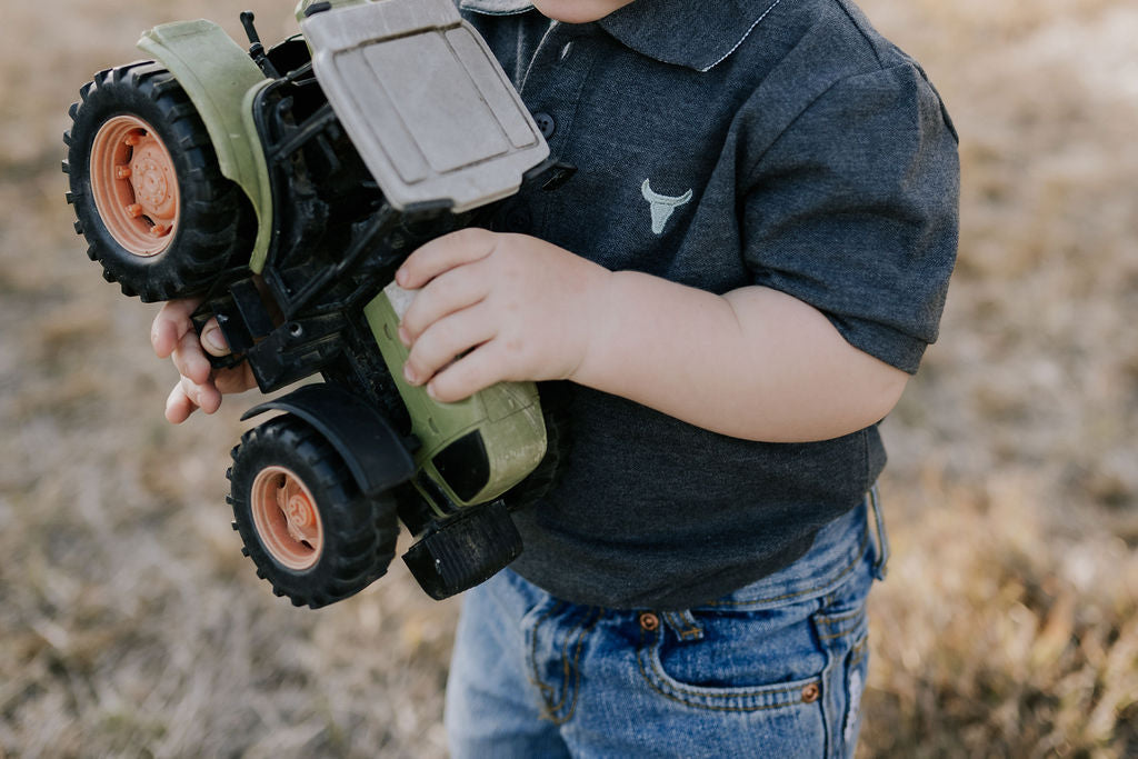 Little Windmill Clothing Co. "Benny Baby" Grey Baby Polo Romper