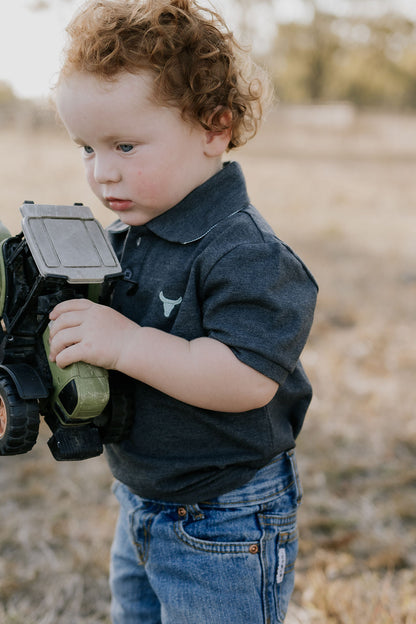 Little Windmill Clothing Co. "Benny Baby" Grey Baby Polo Romper