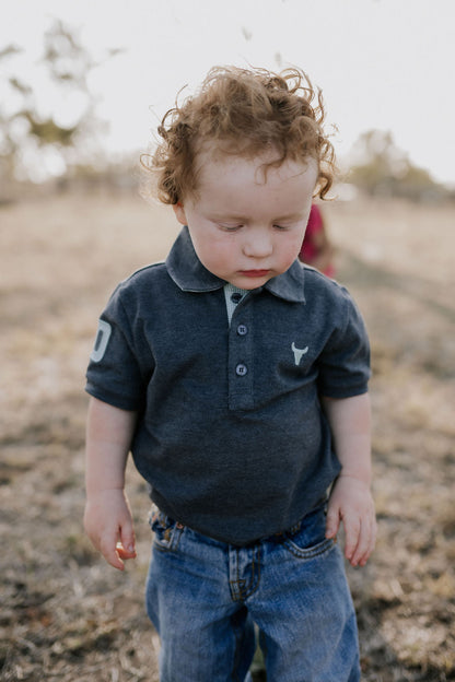 Little Windmill Clothing Co. "Benny Baby" Grey Baby Polo Romper