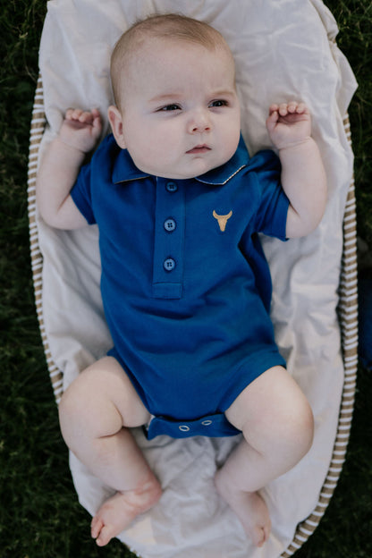 Little Windmill Clothing Co. "Nathan Baby" Ocean Blue  Baby Polo Romper