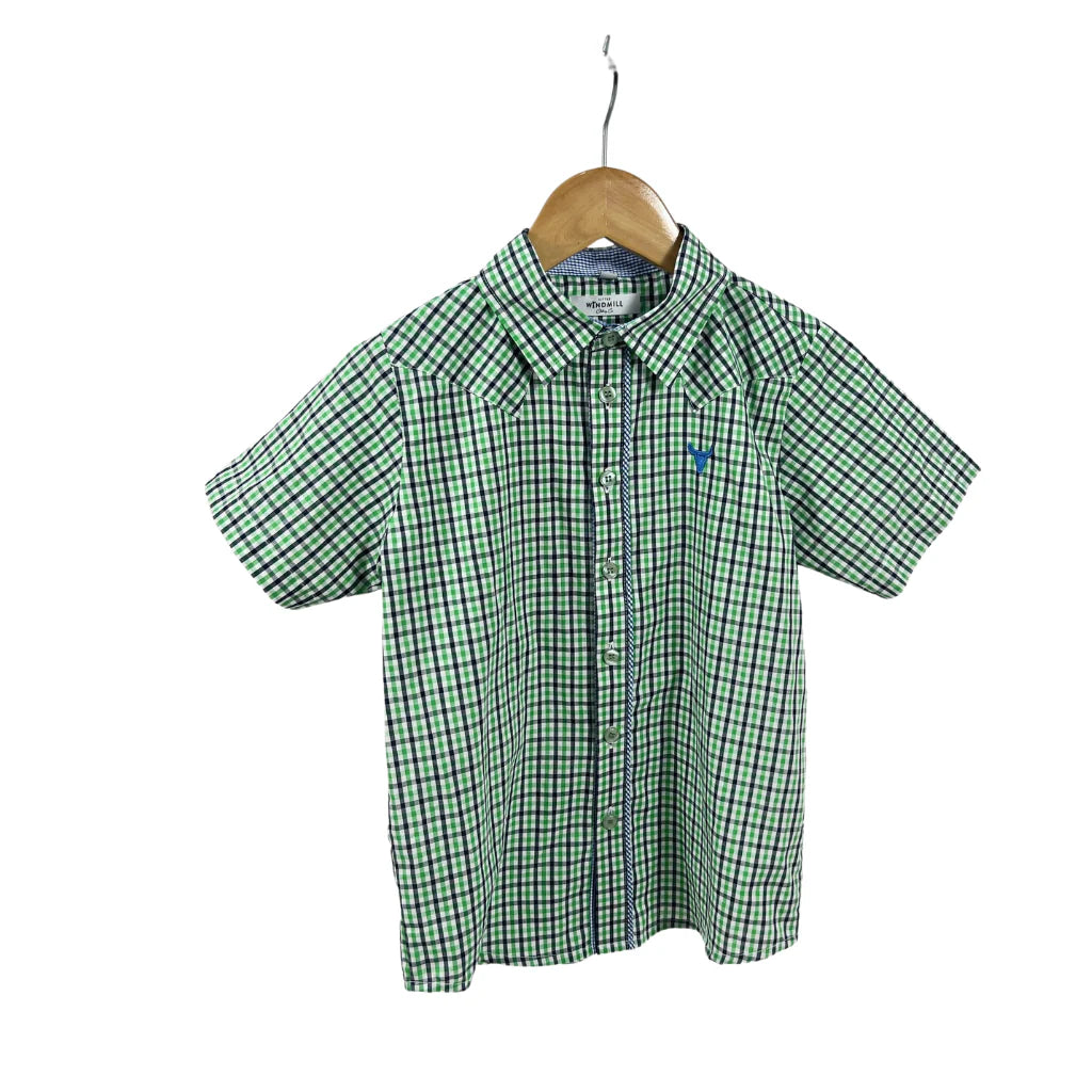 Little Windmill Clothing Co. "Colton"  Fresh Green & Blue Gingham Short Sleeve Shirt