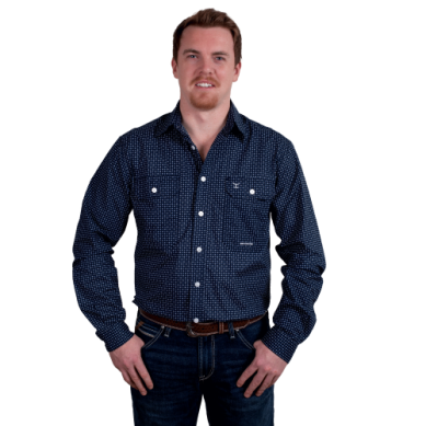 Just Country Mens Austin Full Button Workshirt Navy Diamonds Print