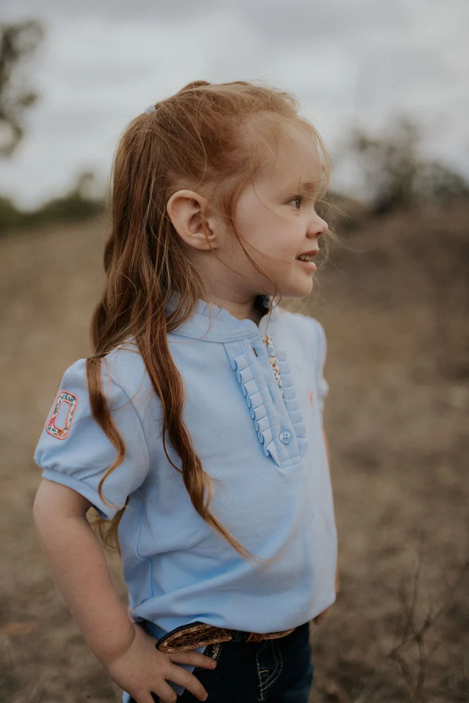 Little Windmill Clothing Co.  Girls "Alana" Ice Blue Floral Ruffle Contrast Polo