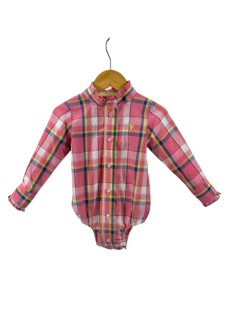 Little Windmill Clothing Co. "Zara" pink Pop Check Ruffle Collar Long Sleeve Romper