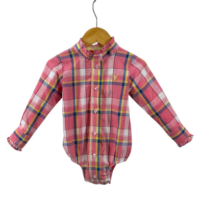 Little Windmill Clothing Co. "Zara" pink Pop Check Ruffle Collar Long Sleeve Romper