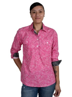 Just Country Womens Georgie Half Button Workshirt Hot Pink Paisley