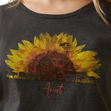 ARIAT LADIES SUNFLOWER COW SS TEE CHARCOAL HEATHER