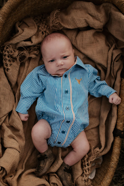 Little Windmill Clothing Co. "Frankie" Teal Golden Long Sleeve Romper