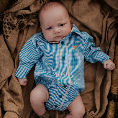 Little Windmill Clothing Co. "Frankie" Teal Golden Long Sleeve Romper