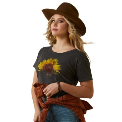 ARIAT LADIES SUNFLOWER COW SS TEE CHARCOAL HEATHER