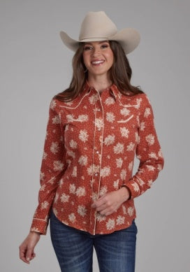 Roper Womens Karman Special Long Sleeve Print Shirt Orange - 01-050-0086-0676