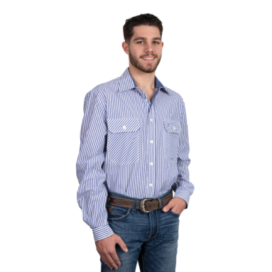 Just Country Mens Austin Full Button Workshirt Blue/White Stripe