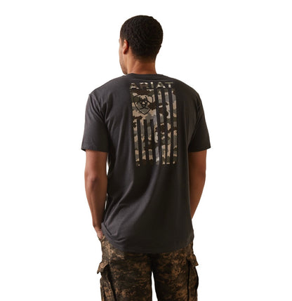 ARIAT MENS TONAL CAMO FLAG SS TSHIRT CHARCOAL HEATHER