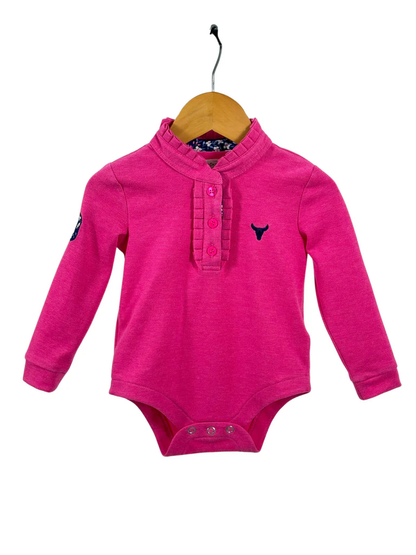 Little Windmill Clothing Co. "Hallie Baby" Raspberry Pink Contrast long Sleeve Baby Polo Romper