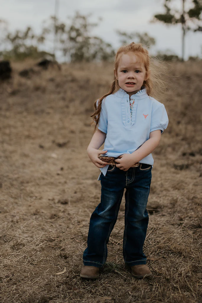 Little Windmill Clothing Co.  Girls "Alana" Ice Blue Floral Ruffle Contrast Polo