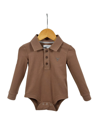 Little Windmill Clothing Co. "Barker Baby" Dessert Brown Contrast Baby Polo Romper