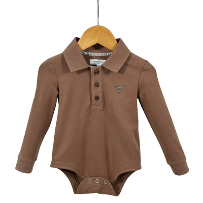 Little Windmill Clothing Co. "Barker Baby" Dessert Brown Contrast Baby Polo Romper