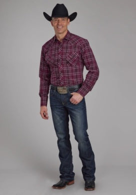 Roper Mens Karman Classic 55/45 Collection Long Sleeve Shirt Plaid Wine 01-001-0101-6084