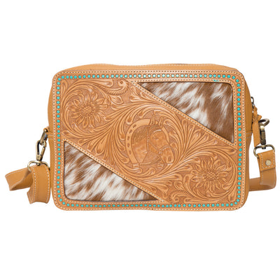 The Design Edge Tooling Leather Cowhide Camera Bag with Horse Motif and Turq Paint Highlight- AB71 – Cochrane